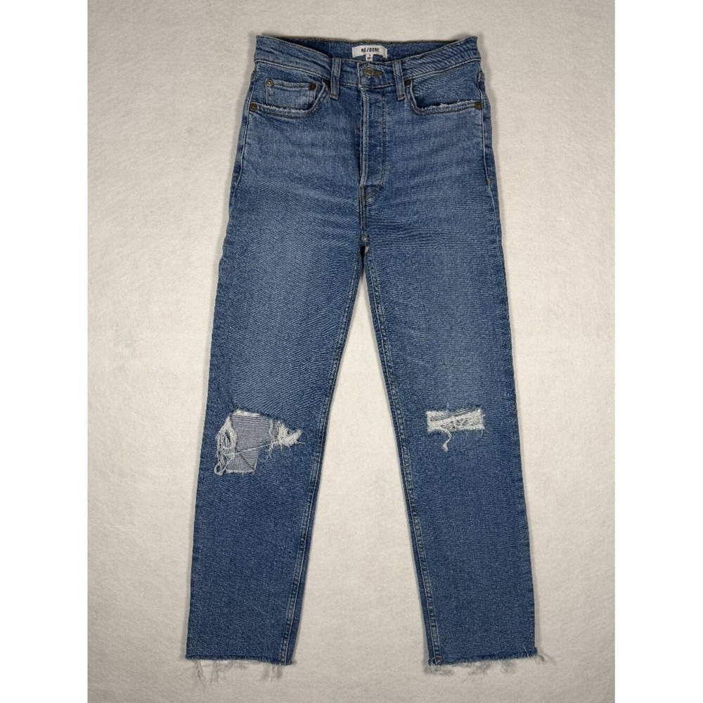 RE/DONE High‎ Rise Straight Leg Distressed Blue Jeans Size 26 Button Fly Raw Hem